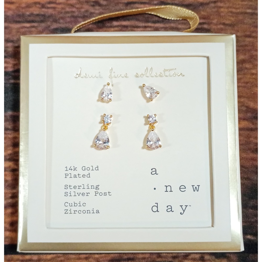A New Day 14k Gold Plated Sterling Silver Cubic Zirconia Earring Set 2pk 89481G